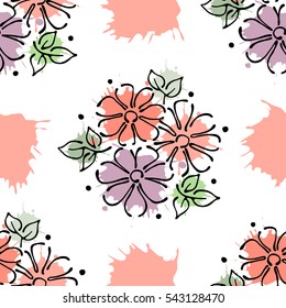 Vector seamless floral pattern with flowers, leaves, decorative elements, splash, blots, drop. Hand drawn contour lines and strokes. Doodle sketch style, graphic vector drawing illustration.
