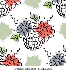 Vector seamless floral pattern with flowers, leaves, decorative elements, splash, blots, drop. Hand drawn contour lines and strokes. Doodle sketch style, graphic vector drawing illustration.