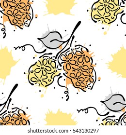 Vector seamless floral pattern with flowers, leaves, decorative elements, splash, blots, drop. Hand drawn contour lines and strokes. Doodle sketch style, graphic vector drawing illustration.