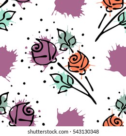 Vector seamless floral pattern with flowers, leaves, decorative elements, splash, blots, drop. Hand drawn contour lines and strokes. Doodle sketch style, graphic vector drawing illustration.