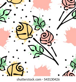 Vector seamless floral pattern with flowers, leaves, decorative elements, splash, blots, drop. Hand drawn contour lines and strokes. Doodle sketch style, graphic vector drawing illustration.
