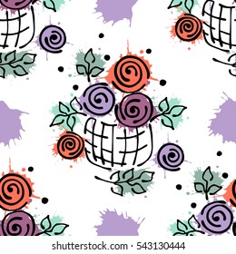 Vector seamless floral pattern with flowers, leaves, decorative elements, splash, blots, drop. Hand drawn contour lines and strokes. Doodle sketch style, graphic vector drawing illustration.