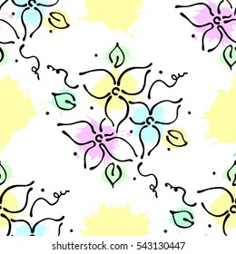 Vector seamless floral pattern with flowers, leaves, decorative elements, splash, blots, drop. Hand drawn contour lines and strokes. Doodle sketch style, graphic vector drawing illustration.