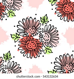 Vector seamless floral pattern with flowers, leaves, decorative elements, splash, blots, drop. Hand drawn contour lines and strokes. Doodle sketch style, graphic vector drawing illustration.
