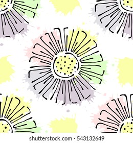 Vector seamless floral pattern with with flowers, decorative elements, splash, blots, drop. Hand drawn contour lines and strokes, Doodle sketch style, graphic vector drawing illustration.
