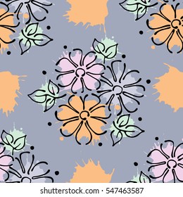 Vector seamless floral pattern with flowers, leaves, decorative elements, splash, blots, drop Hand drawn contour lines and strokes Doodle sketch style, graphic vector drawing illustration.