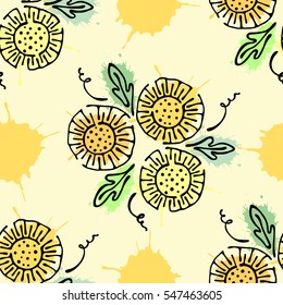 Vector seamless floral pattern with flowers, leaves, decorative elements, splash, blots, drop Hand drawn contour lines and strokes Doodle sketch style, graphic vector drawing illustration.