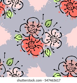 Vector seamless floral pattern with flowers, leaves, decorative elements, splash, blots, drop Hand drawn contour lines and strokes Doodle sketch style, graphic vector drawing illustration.
