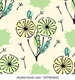 Vector seamless floral pattern with flowers, leaves, decorative elements, splash, blots, drop Hand drawn contour lines and strokes Doodle sketch style, graphic vector drawing illustration.
