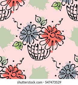 Vector seamless floral pattern with flowers, leaves, decorative elements, splash, blots, drop Hand drawn contour lines and strokes Doodle sketch style, graphic vector drawing illustration.