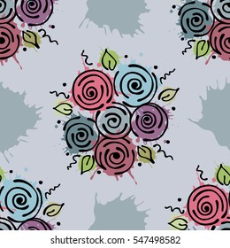 Vector seamless floral pattern with flowers, leaves, decorative elements, splash, blots, drop Hand drawn contour lines and strokes Doodle sketch style, graphic vector drawing illustration.