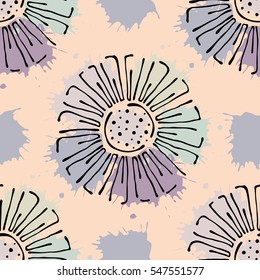 Vector seamless floral pattern with with flowers, decorative elements, splash, blots, drop Hand drawn contour lines and strokes Doodle sketch style, graphic vector drawing illustration.