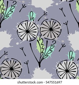 Vector seamless floral pattern with flowers, leaves, decorative elements, splash, blots, drop Hand drawn contour lines and strokes Doodle sketch style, graphic vector drawing illustration.