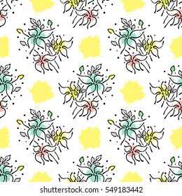 Vector seamless floral pattern with flowers, leaves, decorative elements, splash, blots, drop Hand drawn contour lines and strokes Doodle sketch style, graphic vector drawing illustration.