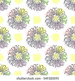Vector seamless floral pattern with with flowers, decorative elements, splash, blots, drop Hand drawn contour lines and strokes Doodle sketch style, graphic vector drawing illustration.