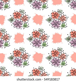 Vector seamless floral pattern with flowers, leaves, decorative elements, splash, blots, drop Hand drawn contour lines and strokes Doodle sketch style, graphic vector drawing illustration.