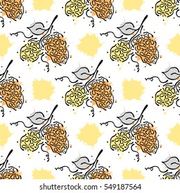 Vector seamless floral pattern with flowers, leaves, decorative elements, splash, blots, drop Hand drawn contour lines and strokes Doodle sketch style, graphic vector drawing illustration.