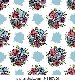 Vector seamless floral pattern with flowers, leaves, decorative elements, splash, blots, drop Hand drawn contour lines and strokes Doodle sketch style, graphic vector drawing illustration.