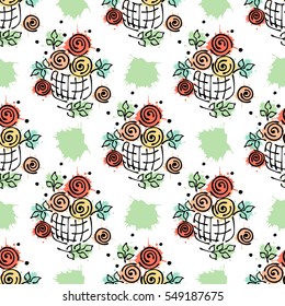 Vector seamless floral pattern with flowers, leaves, decorative elements, splash, blots, drop Hand drawn contour lines and strokes Doodle sketch style, graphic vector drawing illustration.