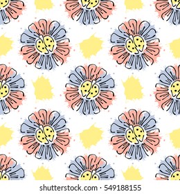 Vector seamless floral pattern with flowers, leaves, decorative elements, splash, blots, drop Hand drawn contour lines and strokes Doodle sketch style, graphic vector drawing illustration.