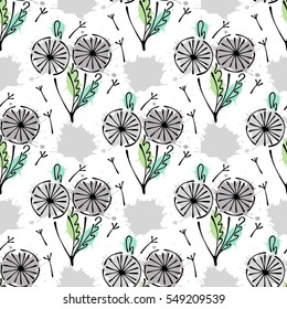 Vector seamless floral pattern with flowers, leaves, decorative elements, splash, blots, drop Hand drawn contour lines and strokes Doodle sketch style, graphic vector drawing illustration