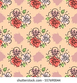 Vector seamless floral pattern with flowers, leaves, decorative elements, splash, blots, drop Hand drawn contour lines and strokes Doodle sketch style, graphic vector drawing illustration.