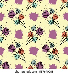 Vector seamless floral pattern with flowers, leaves, decorative elements, splash, blots, drop Hand drawn contour lines and strokes Doodle sketch style, graphic vector drawing illustration.