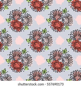 Vector seamless floral pattern with flowers, leaves, decorative elements, splash, blots, drop Hand drawn contour lines and strokes Doodle sketch style, graphic vector drawing illustration.
