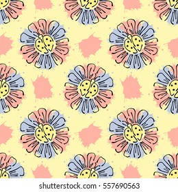 Vector seamless floral pattern with flowers, leaves, decorative elements, splash, blots, drop Hand drawn contour lines and strokes Doodle sketch style, graphic vector drawing illustration