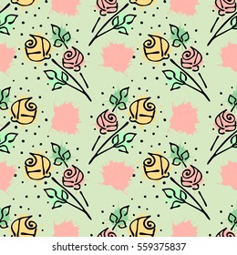 Vector seamless floral pattern with flowers, leaves, decorative elements, splash, blots, drop Hand drawn contour lines and strokes Doodle sketch style, graphic vector drawing illustration.