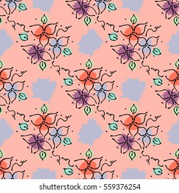 Vector seamless floral pattern with flowers, leaves, decorative elements, splash, blots, drop Hand drawn contour lines and strokes Doodle sketch style, graphic vector drawing illustration.