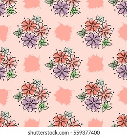 Vector seamless floral pattern with flowers, leaves, decorative elements, splash, blots, drop Hand drawn contour lines and strokes Doodle sketch style, graphic vector drawing illustration.