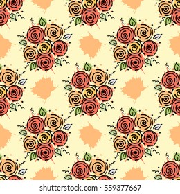 Vector seamless floral pattern with flowers, leaves, decorative elements, splash, blots, drop Hand drawn contour lines and strokes Doodle sketch style, graphic vector drawing illustration.
