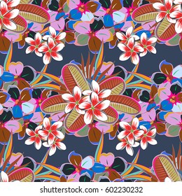 Vector seamless floral pattern with flowers and leaves in green and brown colors.