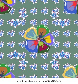 Vector seamless floral pattern with flowers and leaves in green, red and blue colors.