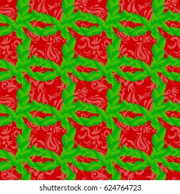 Vector seamless floral pattern with flowers and leaves on a red background.