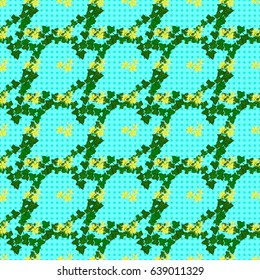 Vector seamless floral pattern with flowers, leaves, decorative elements, splash, blots and drop on a blue background. Hand drawn contour lines and strokes. Doodle sketch style, hand-drawn sketch.