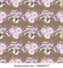 Vector seamless floral pattern with flowers and leaves in green and pink colors.