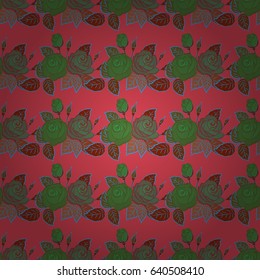 Vector seamless floral pattern with flowers, leaves, decorative elements, splash, blots and drop in green, brown and red colors. Doodle sketch style, hand-drawn illustration.