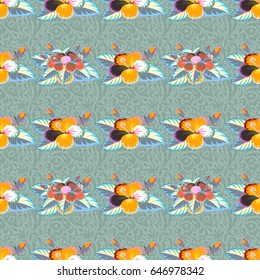 Vector seamless floral pattern with flowers and leaves in pink and blue colors.