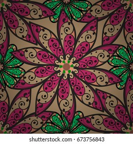 Vector seamless floral pattern with flowers, leaves, decorative elements, splash, blots, drop Hand drawn contour lines and strokes Doodle sketch style, graphic vector drawing illustration.