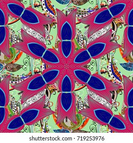 Vector seamless floral pattern with flowers, leaves, decorative elements, splash, blots, drop Hand drawn contour lines and strokes Doodle sketch style, graphic vector drawing illustration.