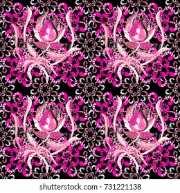 Vector seamless floral pattern. Flowers of the valley on black, magenta and neutral colors.