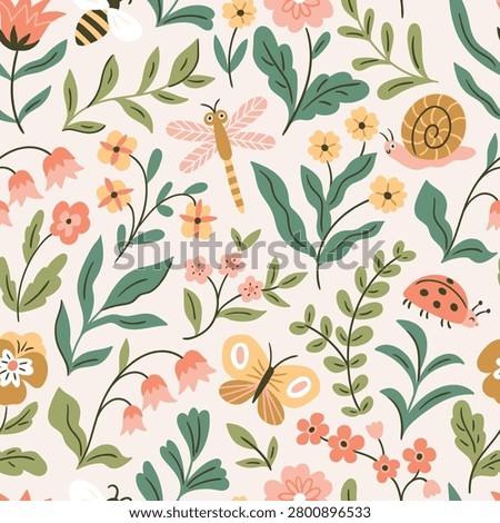 Vector seamless floral pattern with flowers and insects. Cute botanical  background for fabric design, wallpaper or wrapping paper