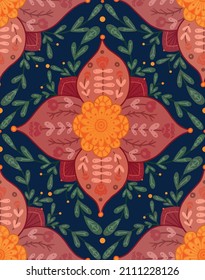 Vector seamless floral pattern with folk ornament. Tiled texture with rural flat flowers composition on a blue background. Natural naive wallpaper with petals and stems