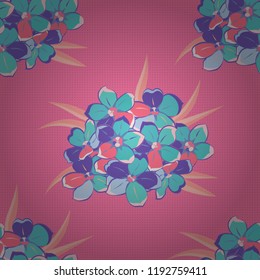 Vector seamless floral pattern with forget-me-not flowers, leaves, decorative elements, splash, blots and drop in violet, blue and pink colors. Doodle sketch style, hand-drawn illustration.