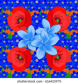 Vector seamless floral pattern with forget-me-not flowers and leaves on a orange background.