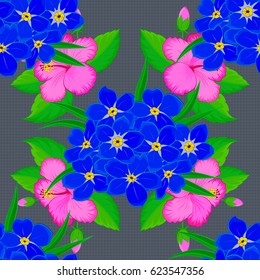 Vector seamless floral pattern with forget-me-not flowers, leaves, decorative elements, splash, blots and drop on a gray background. Doodle sketch style, hand-drawn illustration.