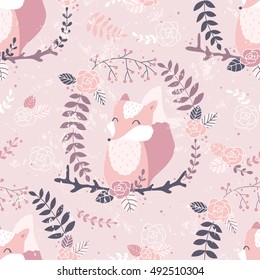 Vector seamless floral pattern with fox in a wreath