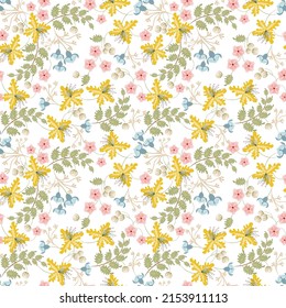 Vector seamless floral pattern in freedom style. Elegant texture with wildflowers, berries, leaves. Modern ornament in yellow, blue, pink colors on a white background for wallpaper, fabric, print